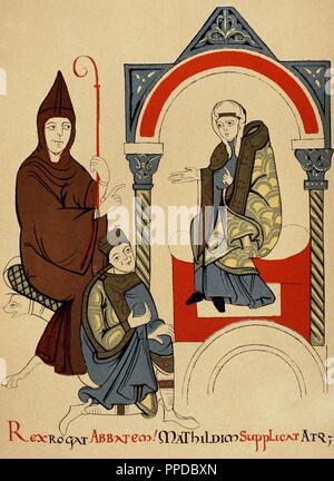 Matilda, Countess of Tuscany, sits on a throne framed by an archway. Her cousin, Holy roman Emperor Henry IV (1050-1106) kneels before her in supplication. Behind him, the Abbot Hugh of Cluny sits on an elaborate seat holding a crosier. Italy. 12th century. Medieval miniature, facsimile. Stock Photo