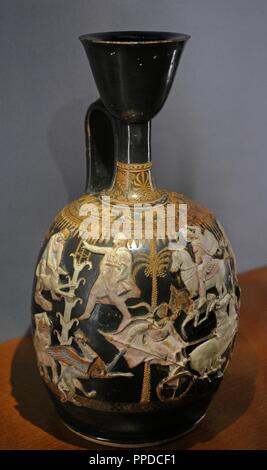 Large xenophantes lekythos: fantastic hunt scene. Black glaze, white coating on the figures, and purple paints. Attica. 390-380 century BC. Xenophantes painter. Pantikapaion (Kerch, Crimea, Black See). The State Hermitage Museum. Saint Petersburg. Russia. Stock Photo