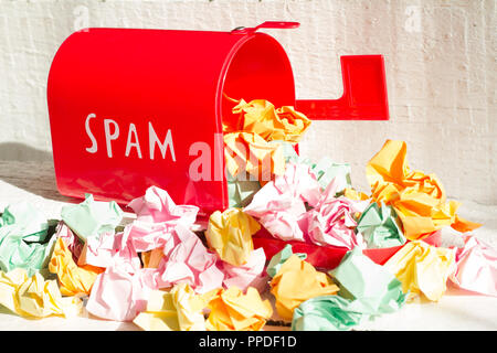 Full red mailbox of spam problem abstract on white background Stock Photo