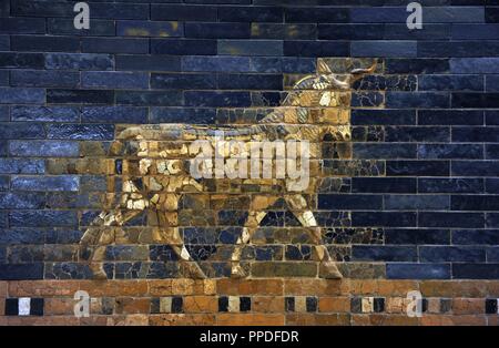 Ishtar Gate. The eight gate of the inner wall of Babylon. Built in 575 BC by order to Nebuchadnezzar II. Reconstructed in 1930. Bull. Detail. Pergamon Museum. Berlin. Germany. Stock Photo