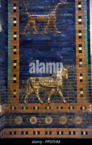 Ishtar Gate. The eight gate of the inner wall of Babylon. Built in 575 BC by order to Nebuchadnezzar II. Reconstructed in 1930. Detail. Pergamon Museum. Berlin. Germany. Stock Photo