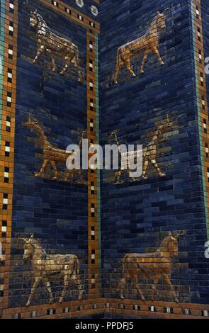 Mesopotamian art. Neo-Babylonian. Ishtar Gate, one of the eight gates of the inner wall of Babylon. Built in the year 575 B.C. during the reign of Nebuchadnezzar II (604-562 BC) using glazed blue brick with alternating rows of basrelief with dragons mushussu, also called sirrush, and aurochs. It was dedicated to the Babylonian goddess Ishtar. Rebuilt in 1930. Pergamon Museum. Berlin. Germany. Stock Photo