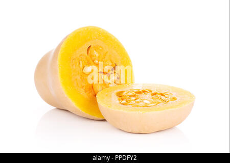 Group of one half one slice of smooth pear shaped orange butternut squash waltham variety cut in circle isolated on white background Stock Photo