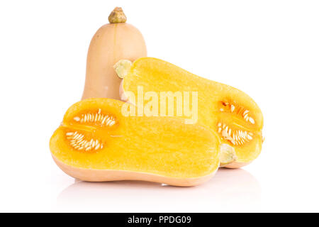 Group of one whole two halves of smooth pear shaped orange butternut squash waltham variety isolated on white background Stock Photo
