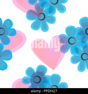Seamless pattern with translucent hearts and blue flowers. Stock Vector