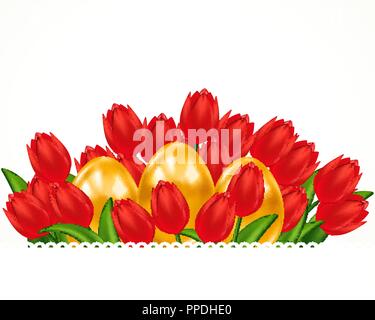Scarlet tulips and Easter eggs. Easter card. Stock Vector