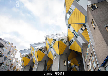 Rotterdam, Netherlands. Yellow cube compact houses against blue sky. Stock Photo