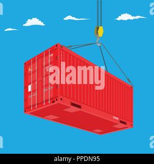 Port crane lifts red container. Perspective view from bottom. Logistics concept vector illustration. Stock Vector