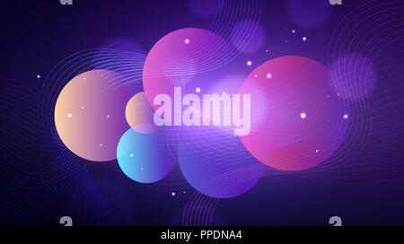 Modern abstract geometric futuristic background. Vector illustration of transparent gradient spheres and dynamic wavy lines over violet background Stock Vector