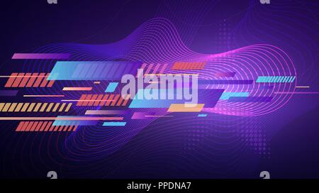 Modern abstract geometric gradient background. Colorful stripes and dynamic wavy vivid lines with halftone star texture over violet background Stock Vector