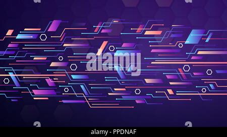 Modern geometric technology gradient background. Colorful abstract circuit board with hexagon grid pattern over violet background for your design Stock Vector