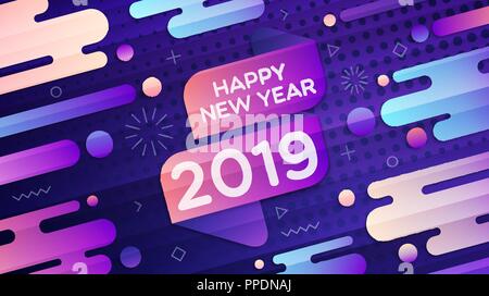 Happy New Year 2019 modern geometric gradient background with halftone pattern for your poster, banner, postcard, invitation or greeting card design Stock Vector