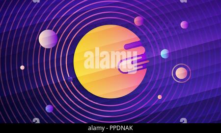 Abstract solar system geometric gradient background. Vector illustration of colorful planets in orbit around sun over violet background for your desig Stock Vector