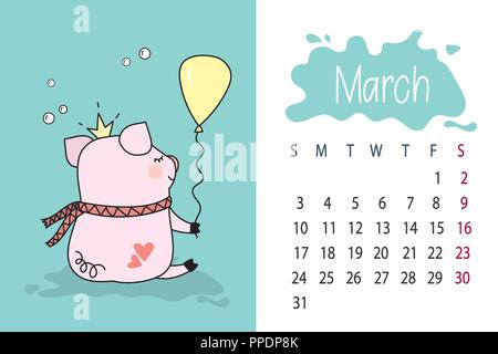 March month 2019 year calendar page with cute pink pig Stock Vector
