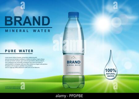 Mineral water ad, plastic bottle with pure mineral liquid on sunny background. Transparent Drinking water Bottle design. 3d vector illustration. Stock Vector