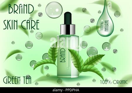 Moisturizing cosmetic ads template. Green tea skin care serum or pure essence with flying tea leaves and water drop. 3d cosmetic product design illustration Stock Vector