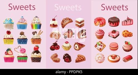 Set of colorful various candy, sweets and cakes. Stock Vector