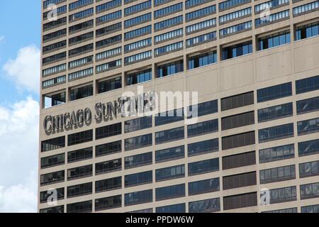 CHICAGO, USA - JUNE 28, 2013: Chicago Sun-Times building exterior. Sun-Times is the oldest continuously published newspaper in Chicago, dating back to Stock Photo