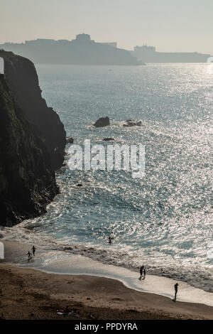 Evening sunshine at Lusty Glaze Beach, Newquay, Cornwall Stock Photo