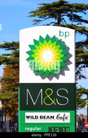 Close up of BP sign logo signage outside garage petrol fuel station ...