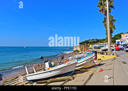 Olhus d'Agua is located on the Algarve coast of southern Portugal. Fishing boats are stored towards one end of the pretty, sandy beach Stock Photo