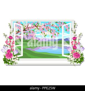The wooden window overlooking the meadow of green grass and pond in spring isolated on white background. Interior design luxury country house. A lovely day. Vector close-up cartoon illustration. Stock Vector