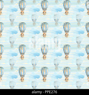 Seamless pattern with watercolor cute bear flying in a hot air balloon and clouds Digital paper for kids and baby crafts Stock Photo