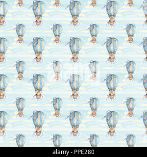 Seamless pattern with watercolor cute bear flying in a hot air balloon and clouds Digital paper for kids and baby crafts Stock Photo