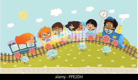 Illustration of the multiracial kids having trip on a train. School kids boys and girls laughing and traveling by colorful train on a green hills. Vector. Can be used for web, poster, banner Stock Vector