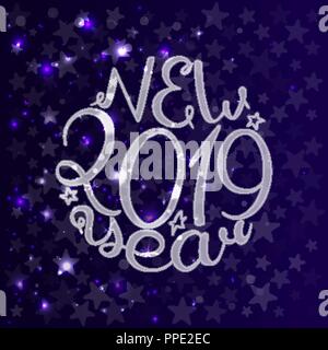 2019. Happy New Year. Handwriting text. Vector illustration Blue background. Stock Vector