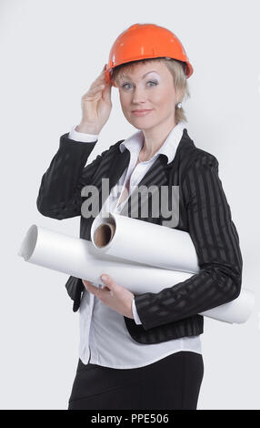 portrait of a female architect with blueprints Stock Photo