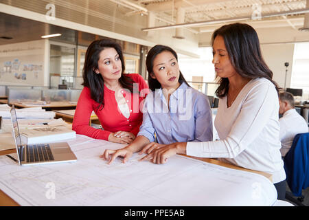 Three female architects working together in open plan office Stock Photo