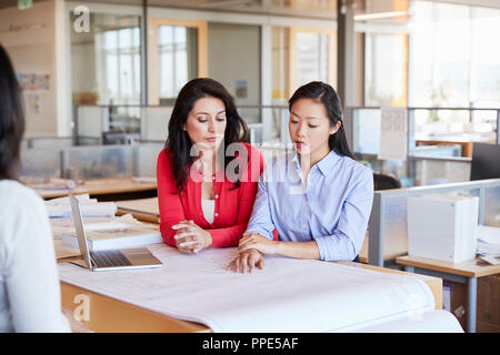 Two female architects studying plans together at work Stock Photo