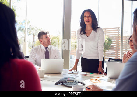Mixed race businesswoman stands addressing team at a meeting Stock Photo