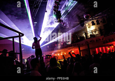 Lasershow on the dance floor at the Q-Club in Werk 2 on the grounds of Kultfabrik in Munich. The Werk 2 will be demolished, thus the Herzglut, the Pop-up-Club and the Mondscheinbar are also closing. Stock Photo