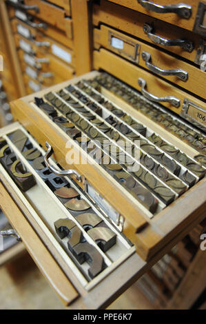 Lettercase with lead letters in the book printing workshop 'Vogelpresse' in Munich. Stock Photo