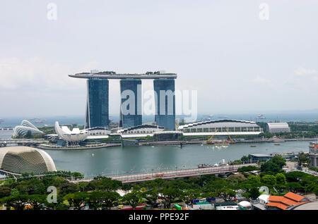 Aerial View of Marina Bay Sands Hotel, the Arts Science Museum, One of the Esplanade Theatres by the Bay and Gardens by the Bay Singapore Asia Stock Photo