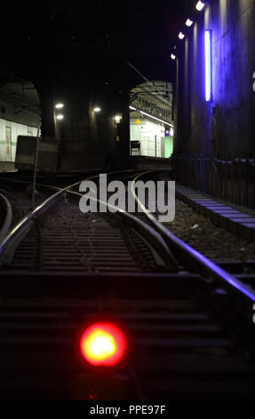 The main line of the Munich S-Bahn is closed due to construction works: the picture shows empty tracks in a tunnel. Stock Photo