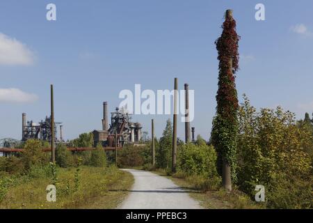 Transformation of a former ironworks and an industrial fallow to the Landscape Park Duisburg-Nord, a public park and an industrial monument, former furnaces | usage worldwide Stock Photo