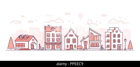 City life - modern thin line design style vector illustration on white ...