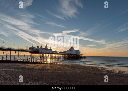 Early morning at Eastbourne Pier, in the county of East Sussex, on the south coast of England in the UK. Stock Photo