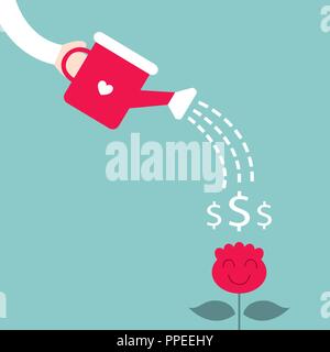 Man watering the dollar plant. Growing money tree, business success concept Stock Vector