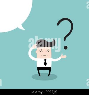 Business man scratches his head in indecision on a question mark Stock Vector
