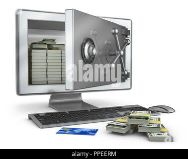 A personal computer in which the screen is an open safe with bundles of bills of dollars. 3d rendering. Stock Photo