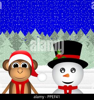 snowman and a monkey in the forest for Christmas Stock Vector