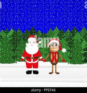 Santa Claus and Christmas monkey in the forest Stock Vector