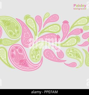 Paisley pink and green vector background,  floral abstract design pattern, indian art ornament. Stock Vector