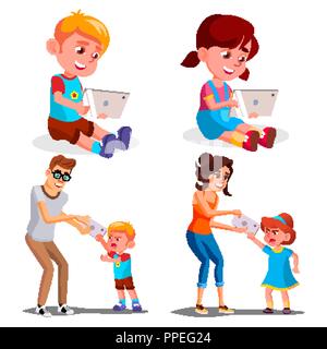 Children s Gadget Dependence Vector. Father, Mother Takes Smartphone From Daughter. Internet Addiction. Modern Technologies. Isolated Cartoon Illustration Stock Vector