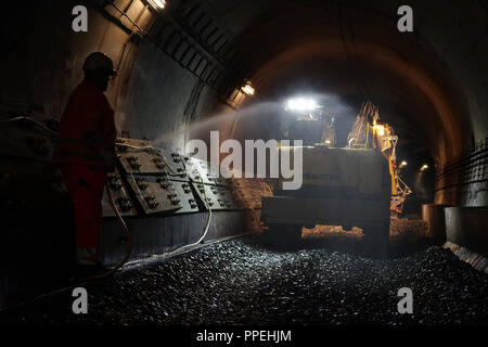 Construction site for track work in the tunnel of the U-Bahn line U3 between Muenchner Freiheit and Scheidplatz. The Munich Transport Company (MVG) is replacing the complete track systems on a two kilometers long segment. Stock Photo