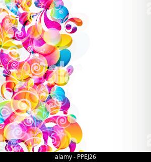 Background page, with text plates, border by one side, with bright drops, transparent flowers and curls. Stock Vector